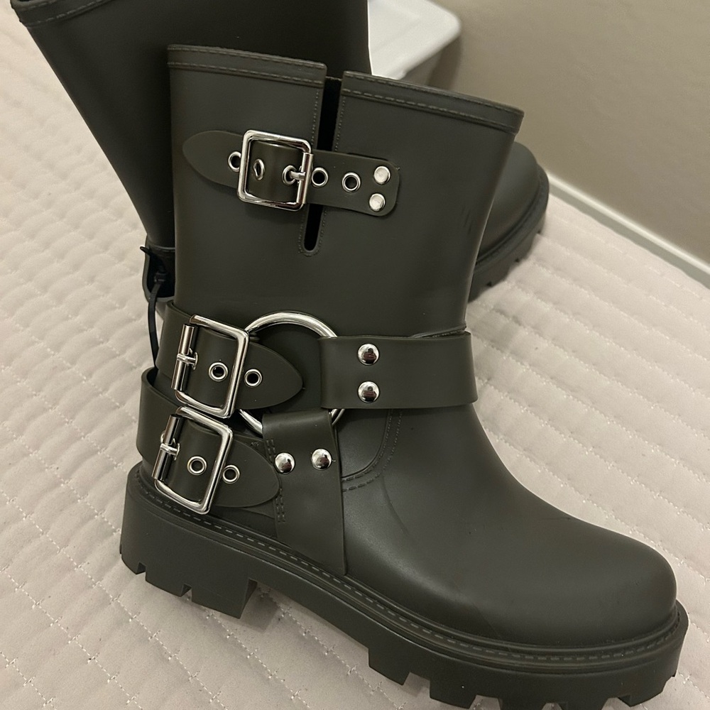 Jeffrey Campbell “Controller” Olive Green  Moto Rain Boots with Silver Hardware